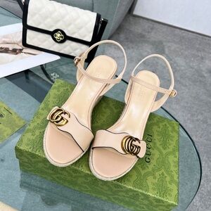 Gucci White Leather GG Logo Block-Heel Sandals